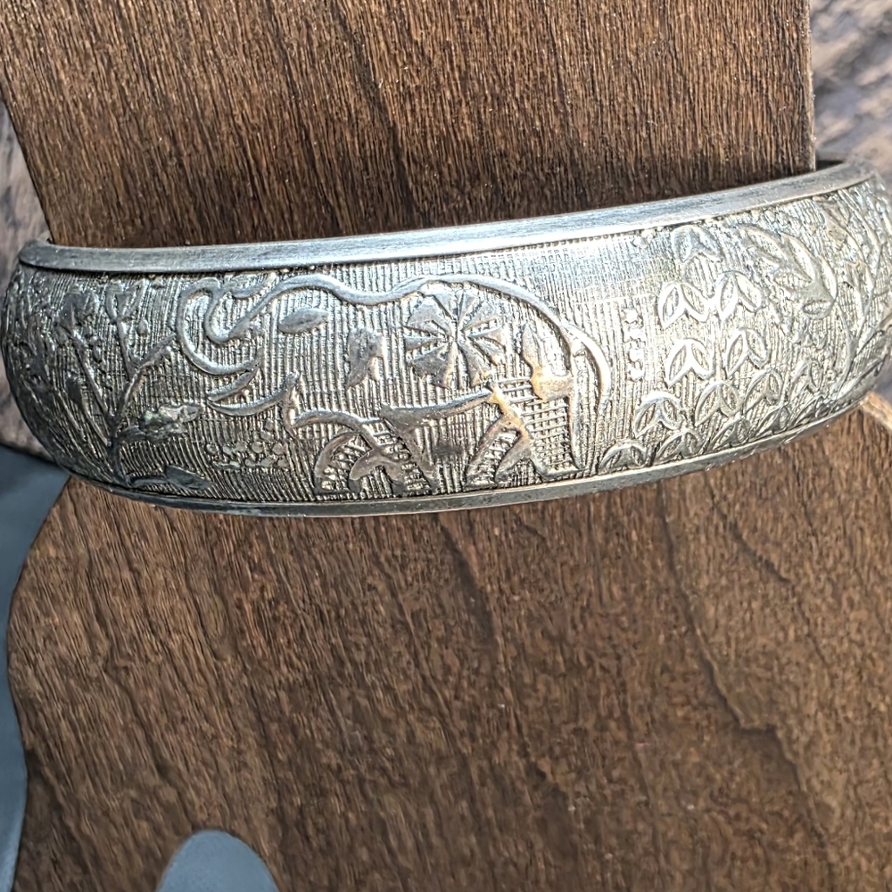 Etched Elephant Solid Bangle Bracelet | Silver To… - image 1